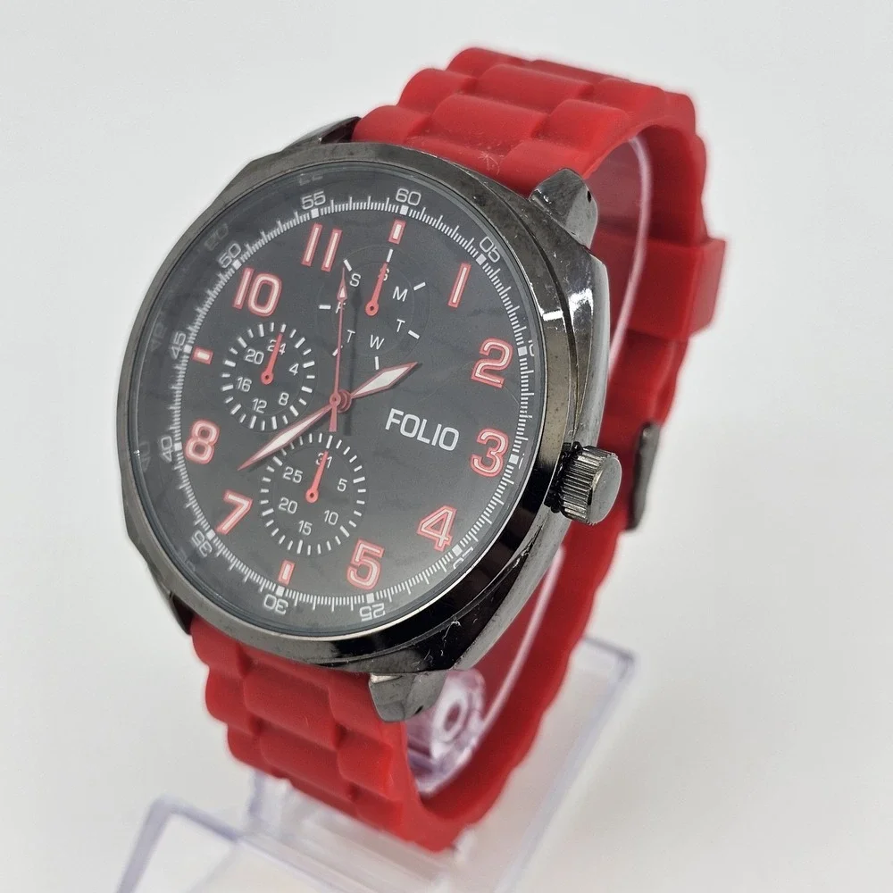 Folio Men's‎ Watch 50MM Black Dial Red Plastic Bands New Battery